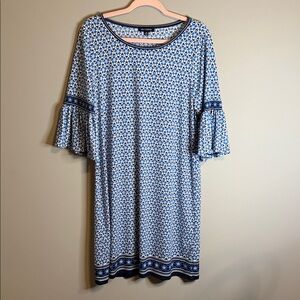 Max Edition Blue Patterned Dress with Flared 3/4 Sleeves Geometric Medium